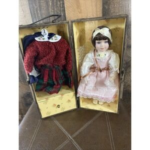 Vintage Trudy Traveler Porcelain Doll with Wooden Traveling Trunk With 3 Outfits